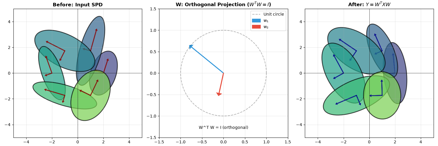 Before: Input SPD, W: Orthogonal Projection ($W^TW = I$), After: $Y = W^T X W$