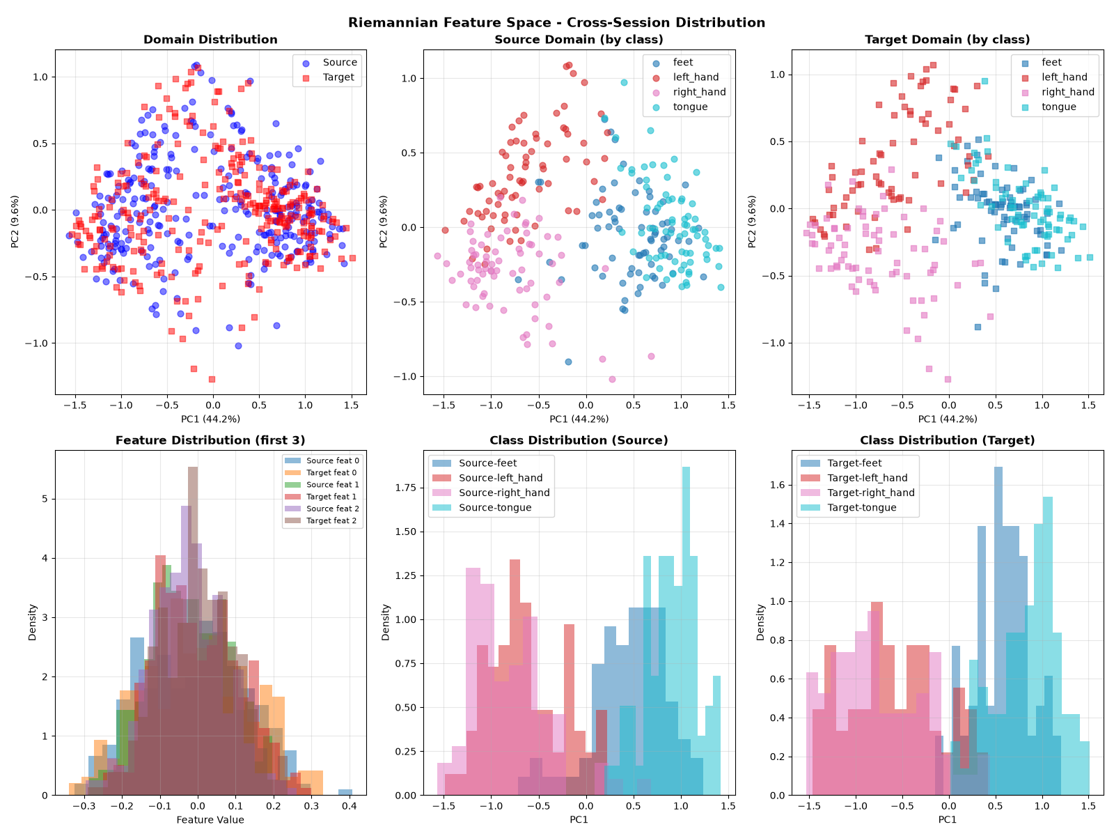 Riemannian Feature Space - Cross-Session Distribution, Domain Distribution, Source Domain (by class), Target Domain (by class), Feature Distribution (first 3), Class Distribution (Source), Class Distribution (Target)